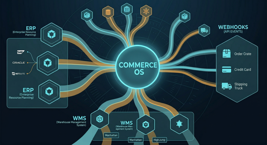 Shopify Plus as a distributed commerce operating system with webhook-driven event flows across ERP, WMS, and iPaaS