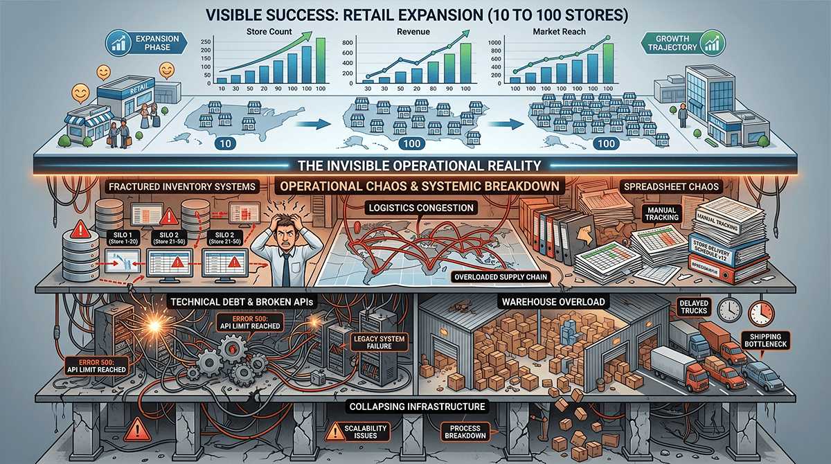 The 100-store threshold exposes why retail scaling fails when operational complexity grows faster than capability. Modern retail scaling is no longer a storefront problem. It is a distributed systems coordination problem.